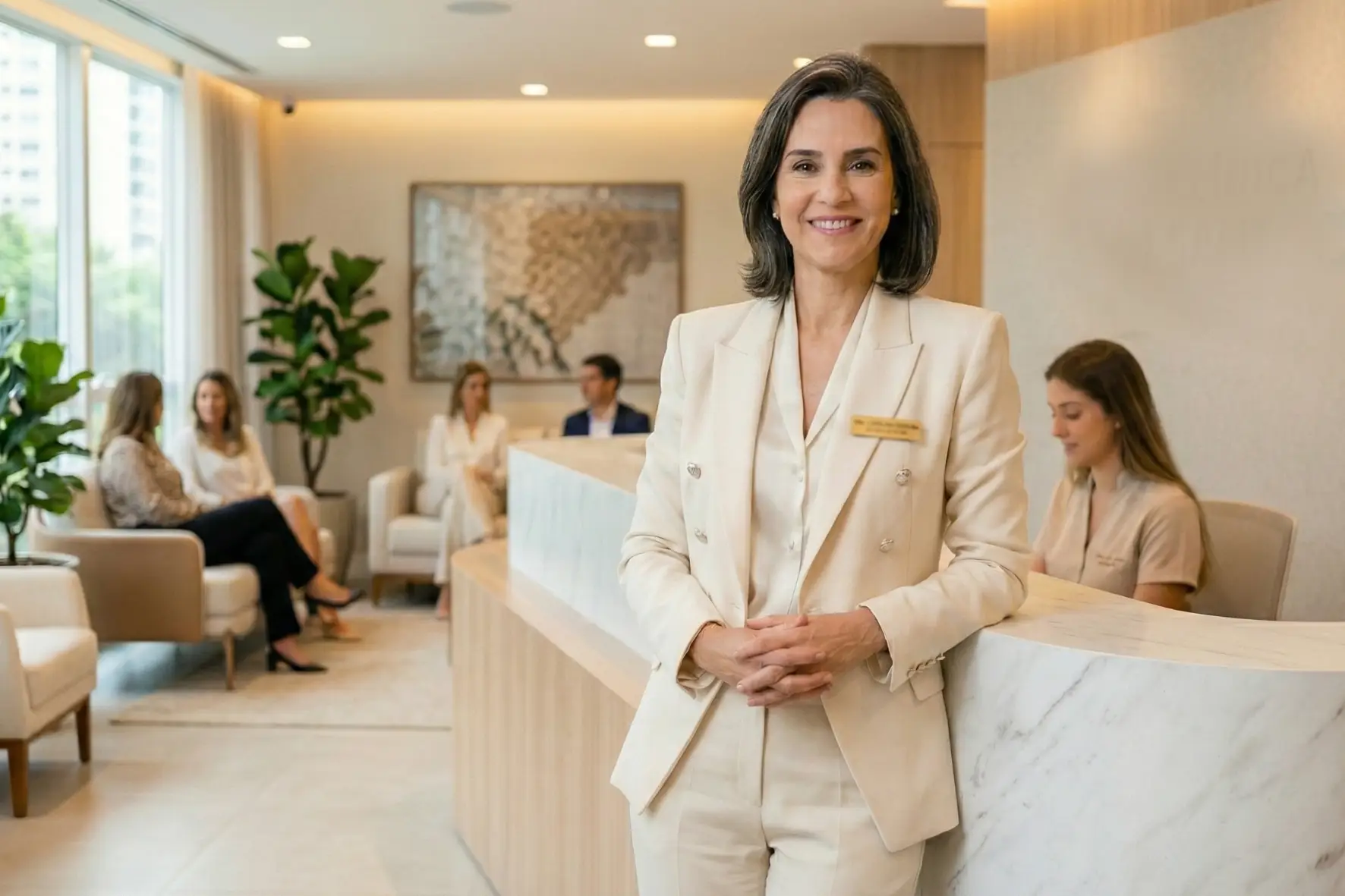 Profissional de saúde confiante em clínica moderna e harmoniosa